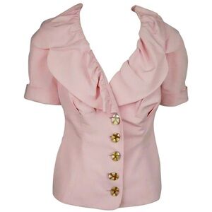 Salvatore Feraggamo Pink Blouse With Bow - Button Up Short Sleeve Shirt